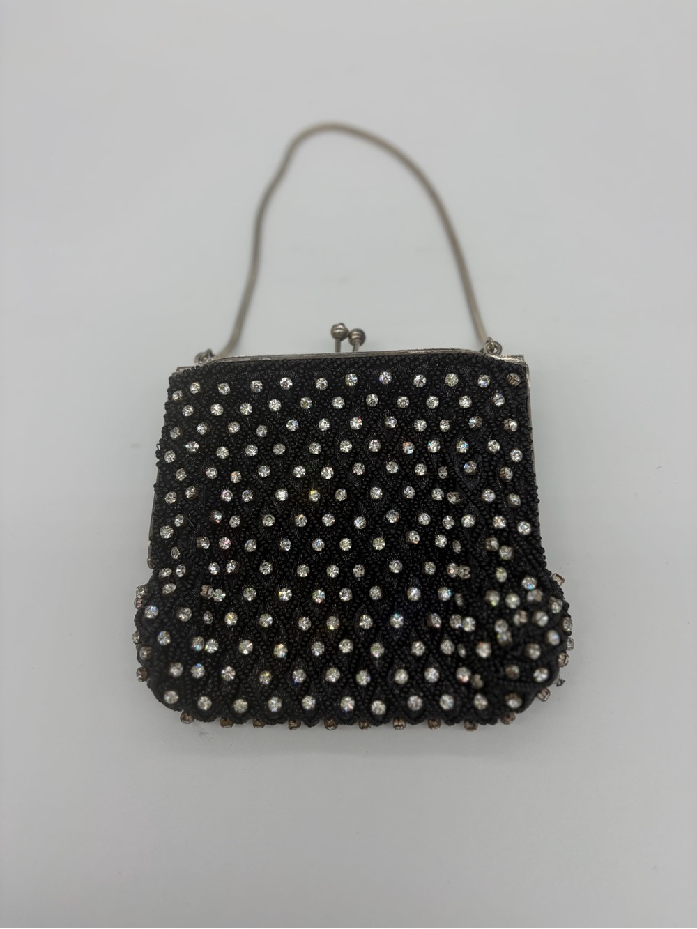 Black Beaded Mini Evening Bag with Rhinestone Accents